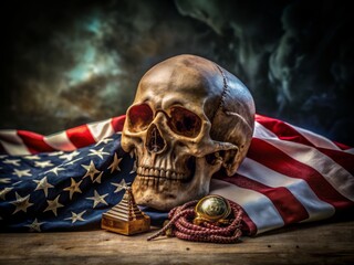 A worn American flag draped over a skeletal skull, adorned with military medals, against a dark background, symbolizing the devastating cost of a nation's aggressive pursuits.