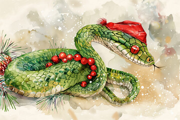 Cute green snake symbol of the new year 2025. New Year tree, white snow, winter holidays