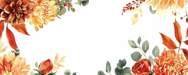 Obraz premium Watercolor Autumn Floral Border with White Background, watercolor , floral border , autumn , white background