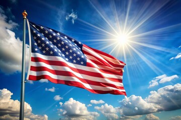 Obraz premium Patriotic American flag waving proudly against a bright blue sky with sunbeams radiating from behind, plenty of clear copy space on the right for text overlays.