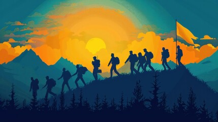 Fototapeta premium Teamwork, helping the team climb the mountain, helping each other to achieve joint success.