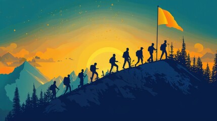 Fototapeta premium Teamwork, helping the team climb the mountain, helping each other to achieve joint success.