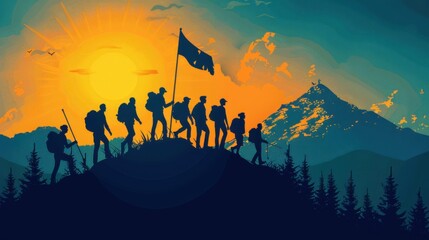 Fototapeta premium Teamwork, helping the team climb the mountain, helping each other to achieve joint success.