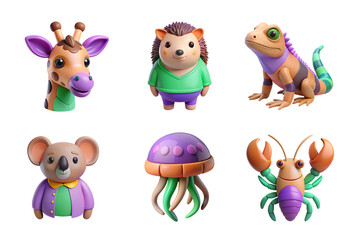 Naklejka premium animal set collection icon soft purple and orange color in plastic 3d style