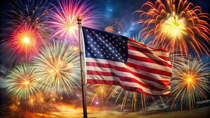 Vibrant American flag waves proudly in forefront, illuminated by majestic burst of colorful fireworks exploding in night sky, celebrating independence and freedom.