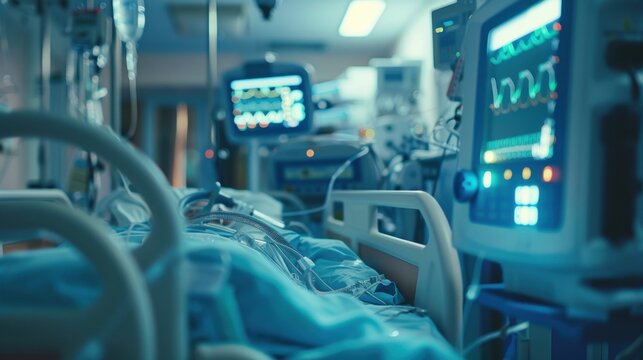 a bedridden patient in the intensive care unit is connected to a life support machine.