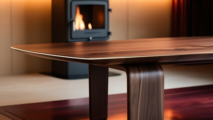 Modern empty sleek table top or kitchen island on blurry bokeh kitchen room interior background.
