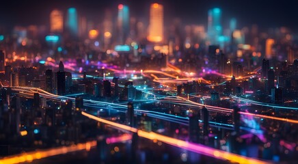 Obraz premium A cityscape with neon lights and a highway in the background