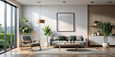 Fototapeta premium Modern Living Room Interior Design with Grey Sofa and Wooden Accents, 3D Rendering, Home Decor, Living Room Design, Interior Design