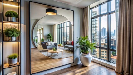 Fototapeta premium Modern Living Room with City View Reflection in Oval Mirror, Wood Floors, Plants and Curtains, Interior Design, Apartment, Home Decor, Cityscape