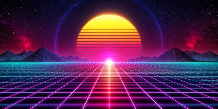 Vibrant neon landscape of retro sci-fi grid, pulsing with 80's and 90's nostalgia, set against a breathtaking sunset background with a dark cyberpunk twist.