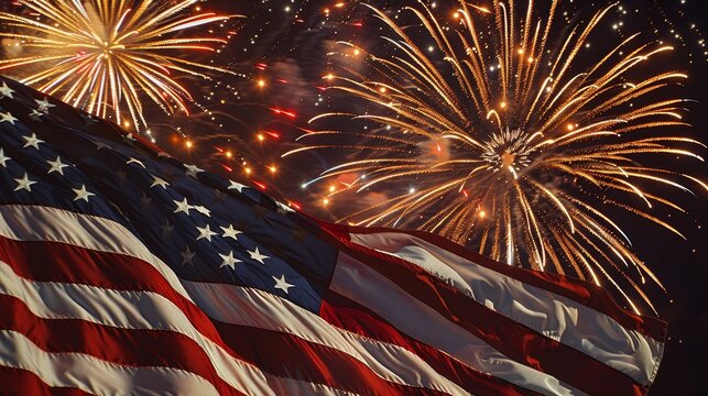 American Flag Waving with Fireworks in the Background