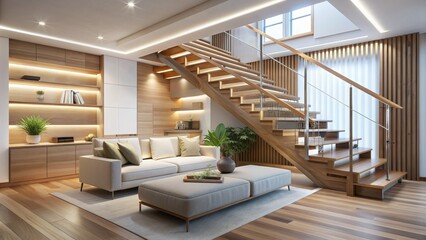 Fototapeta premium Modern Minimalist Living Room with Wooden Staircase and Warm Lighting, modern interior design , contemporary furniture , wooden staircase , living room decor
