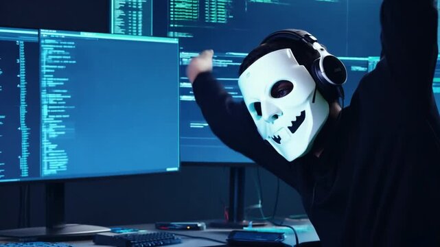 dangerous hacker with a white mask concealing his identity