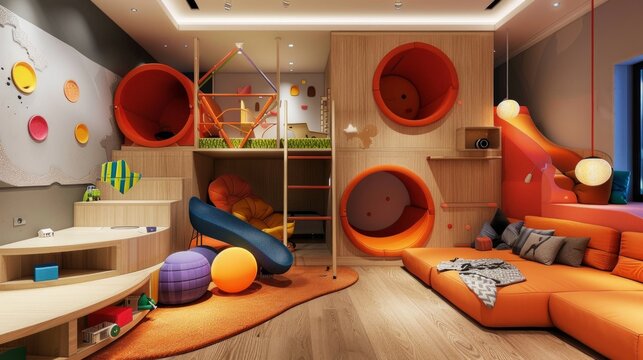 Modern Playroom Interior Design With Colorful Play Structures and a Cozy Seating Area