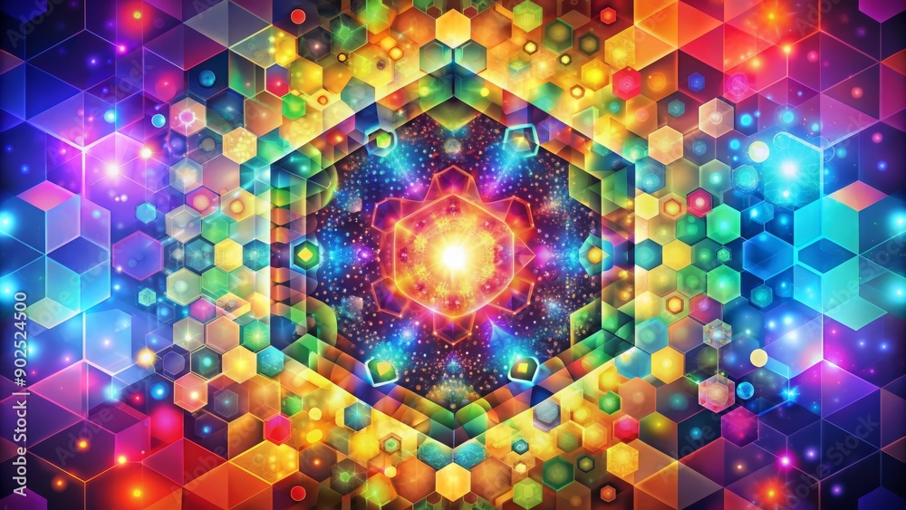 Poster dazzling abstract background featuring vibrant colorful circles, triangles, and hexagons in a mesmer