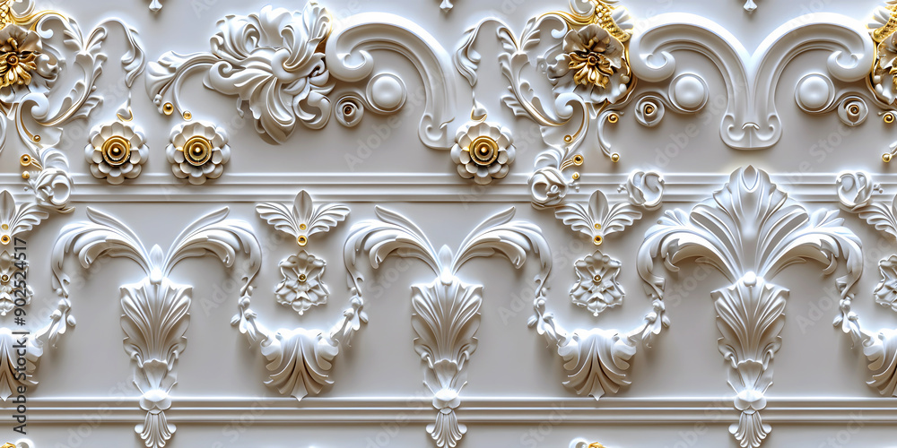 Wall mural Seamless 3D elements of White and Golden luxury design Baroque Classical Relief Panel on Wall. Refined Gothic-inspired Stucco Molding With Floral Motifs. A Marble Carving in Late Ottoman Style.