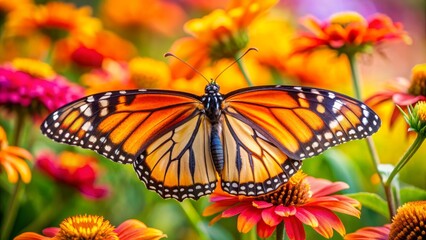 Fototapeta premium Monarch Butterfly on a Red Flower, Macro Photography, Detailed Wings, Nature, Insect, Butterfly, Flower