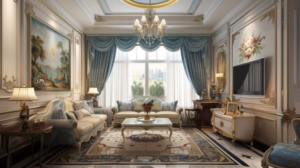 Luxurious Living Room Interior Design With Ornate Molding and Blue Curtains