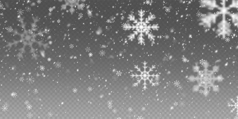 Falling Christmas snowflakes in transparent beauty, delicate and small, isolated on a clear background. Snowflake elements, snowy backdrop. Vector illustration of intense snowfall, snowflakes.