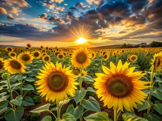 Fototapeta premium Vibrant yellow sunflowers stretch towards the sky in a vast, rolling field, basking in warm, golden light as the sun dips below the horizon.