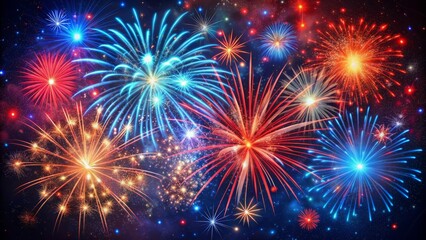 Vibrant hand-drawn fireworks explosion of red and blue sparks and stars against a dark night sky, creating a festive and celebratory atmosphere.