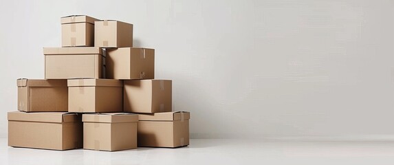 A neatly stacked pile of cardboard boxes on a plain background, symbolizing moving or storage organization.
