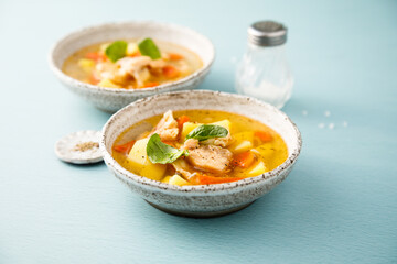 Homemade salmon soup with vegetables