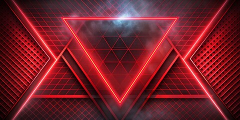 Vibrant abstract black and red gaming background features modern luxury grid pattern, retro smoke fog, neon red light rays, and triangle stripes in paper cut style.