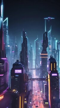 futuristic city skyline at night, towering skyscrapers with neon lights