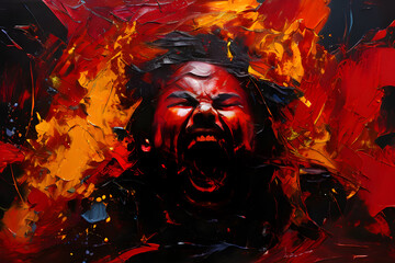 Stylized face emerges from chaotic colors expressing deep anger on canvas