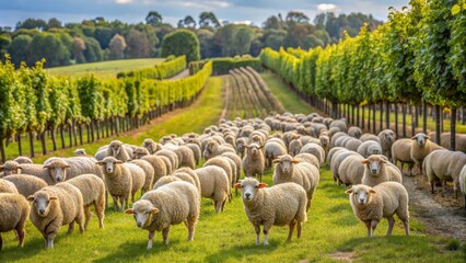 Sheep Flock in a Vineyard, Landscape Photography, Farm Animals, Rural Scene, Green Meadow, sheep, vineyard