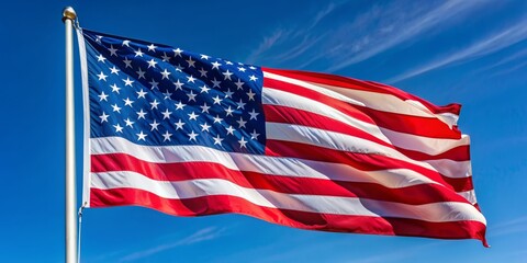 Fototapeta premium Vibrant red, white, and blue American flag with fifty white stars on a blue canton waving in the wind against a clear blue sky backdrop.