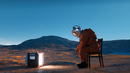 Astronaut watching tv on the moon. Digital media and streaming concept.