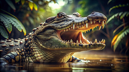 A crocodile showcases its formidable teeth while basking in a serene wetland, with lush vegetation surrounding the calm water