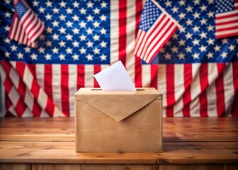 Ballot box awaits on wooden table at polling station, surrounded by patriotic decorations, with a single envelope about to be deposited anonymously.