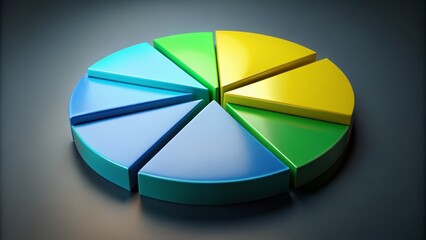 Fototapeta premium Vibrant pie chart segments in shades of blue, green, and yellow, divided by thin lines, on a contrasting light and dark gray background, representing market share distribution.