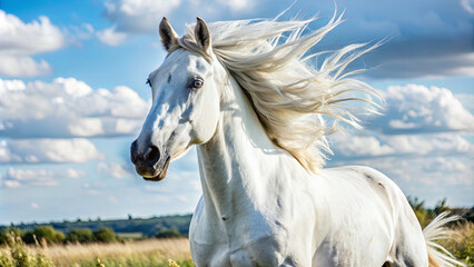 Obraz premium A stunning white horse gallops joyfully across lush green fields, its mane flowing in the wind against a backdrop of fluffy clouds