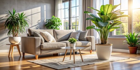 Fototapeta premium Sunlit Living Room with Grey Sofa and Lush Plants, Interior Design , Home Decor , Minimalist , Living Room