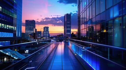 Fototapeta premium A stunning urban landscape at dusk, featuring modern buildings illuminated by vibrant city lights under a colorful sky.
