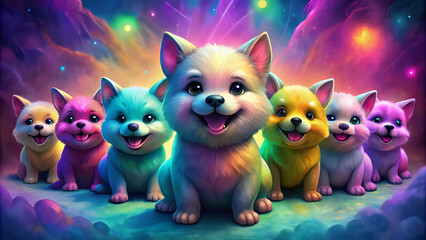 Fototapeta premium A group of adorable puppies with various colors playfully pose together, set against a magical, colorful background full of soft lights and dreamy hues