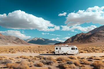 white rv travel trailer parked in the desert. blue sky with white clouds. travel and tourism, outdoor recreational activities, rv lifestyle, and leisure time spent in nature.	