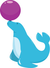Blue circus seal balancing a purple ball on its nose