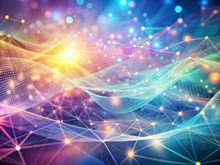 Soft pastel hues blend in abstract cyberspace backdrop, as intricate wave of dots and woven lines convey digital data transfer, connectivity and vast metaverse networks.