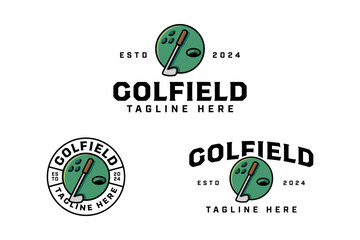 golf club with stick, ball and golf course logo design for golfer and tournament.  golf professional with putter, ball and field sign symbol modern logo. golf sport emblem badge logo illustration