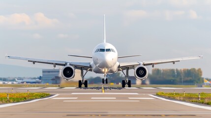 A commercial airplane prepares for takeoff on a clear day, showcasing its sleek design and power on the runway.