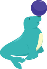 Cartoon circus seal balancing a ball on its nose, performing a trick