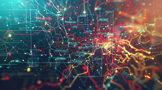 A digital interface displaying a tangled and messy decision tree with arrows and nodes crisscrossing chaotically, highlighting poor management.
