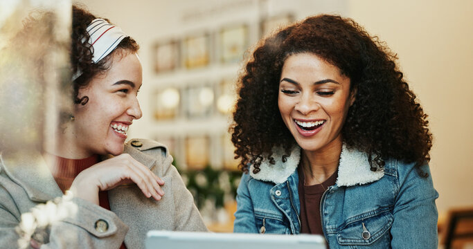 Women, friends and happy at cafe on tablet with goods news or email notification for job interview. People, sisterhood and smile or excited on website or online post for rewards and bonus on date