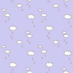 Cloudy sky seamless pattern. Doodle clouds and rain drops on a violet background. Vector simple hand-drawn background. Print for textiles and baby clothes, wrapping paper and wallpaper.